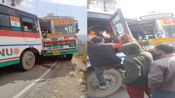 Collision of two buses in Andheri on Haripurdhar-Nahan road. - Photo: Diary Times