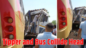 Tipper and bus collide head on
