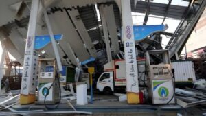 IMAGE: A view of the damaged fuel station after a massive billboard fell during a rainstorm in Mumbai, May 14, 2024. Photograph: Hemanshi Kamani/Reuters