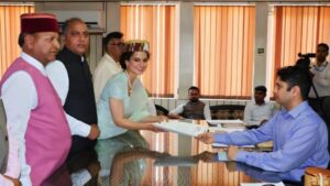 Kangana Ranaut filing nomination before Mandi District Election Officer Apoorva Devgan.
