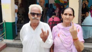 Sulochana Devi, 70, after casting her vote at critical polling booth Panjhera-1