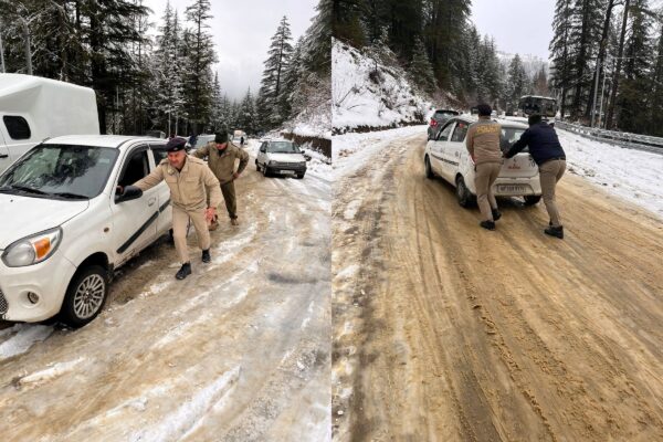 Police personnel pushing the vehicle out of Kharapathar- DT