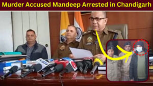 Mandeep Singh, the accused of murder, with Bhoranj police and Hamirpur SP Bhagat Singh giving information during a press conference