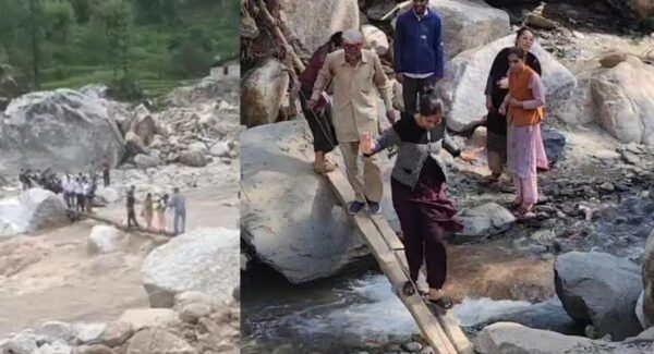 Mandi: Woman Falls Into Stream While Crossing Temporary Bridge, Rescued by Local Man—Both Safe